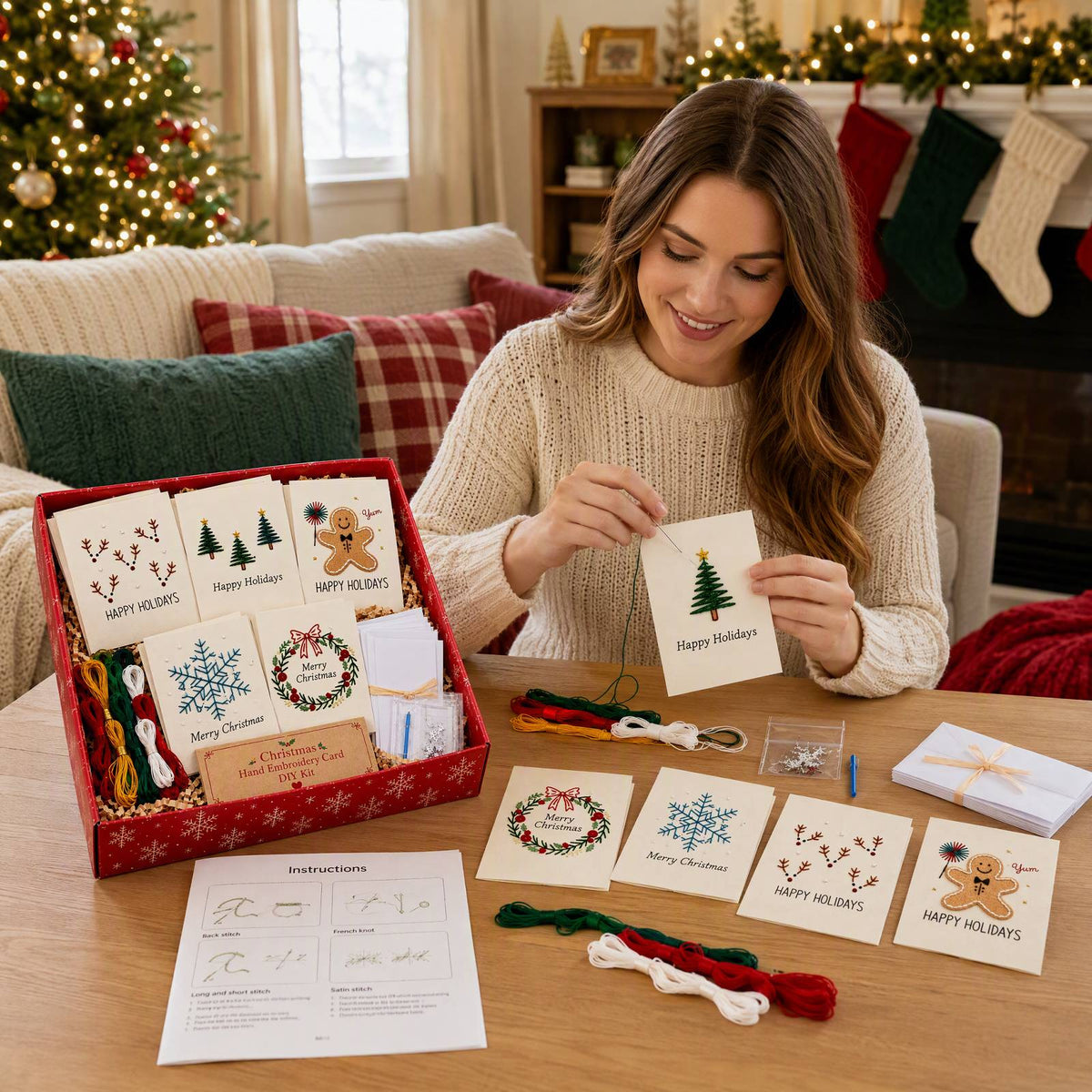 Embroidery Starter Kit with Pattern Christmas 5Pcs Card Set