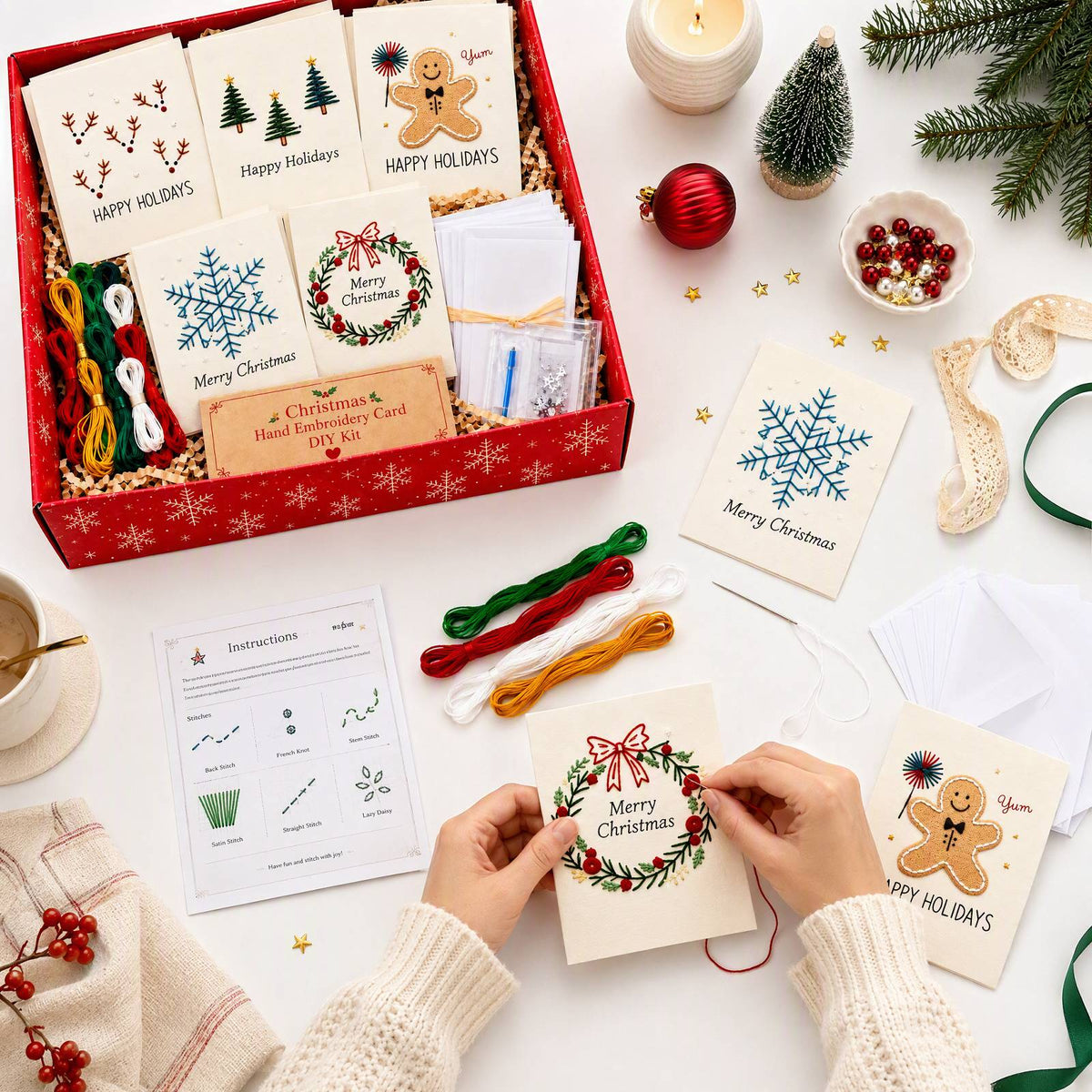 Embroidery Starter Kit with Pattern Christmas 5Pcs Card Set