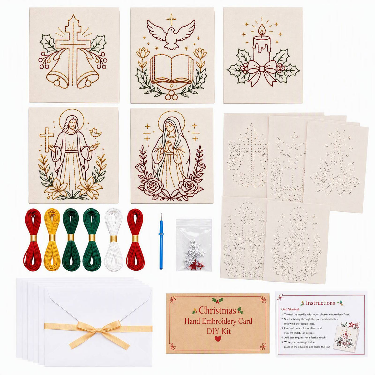 Embroidery Starter Kit with Pattern Religious Christmas 5Pcs
