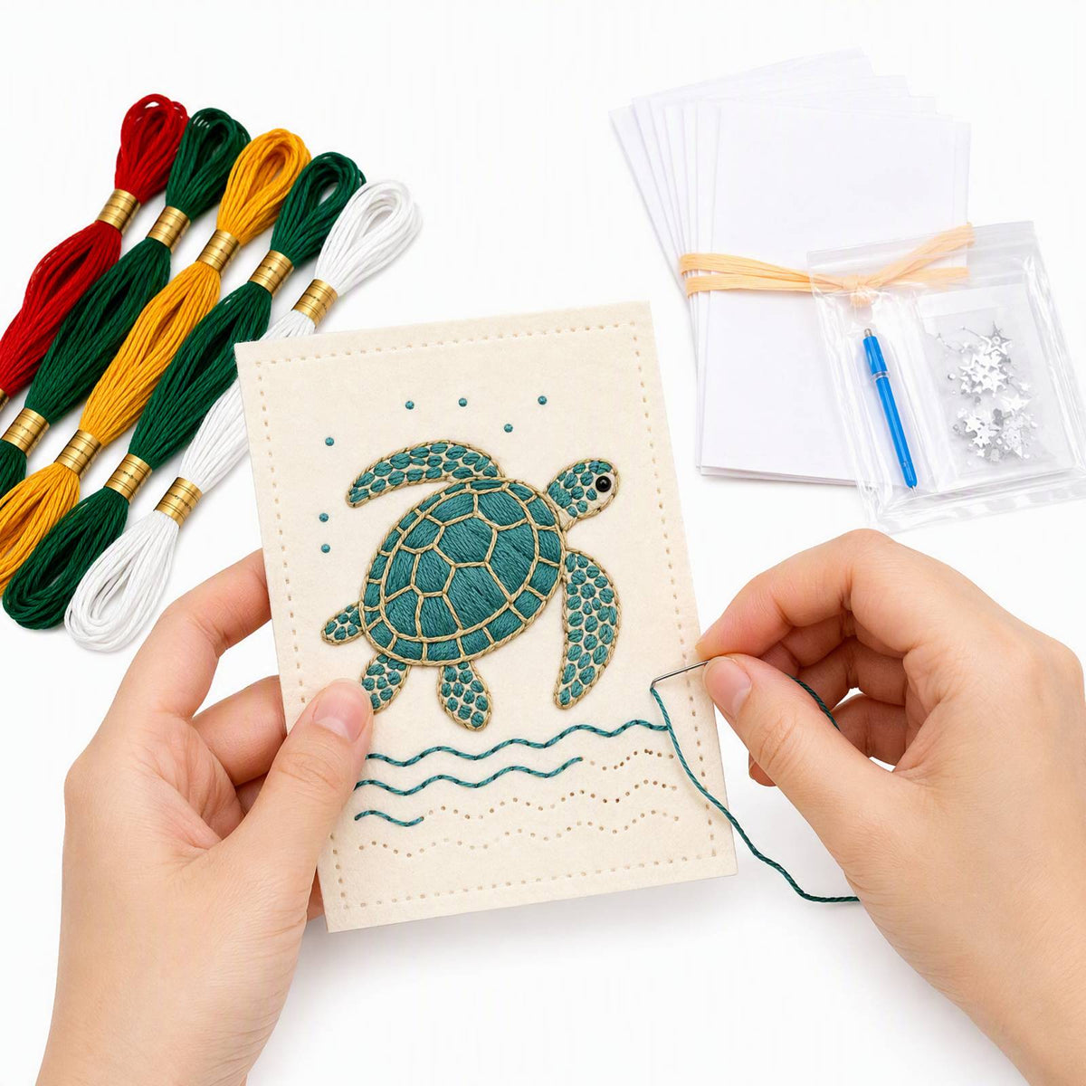 Embroidery Starter Kit with Pattern Ocean Greeting Cards 5Pcs