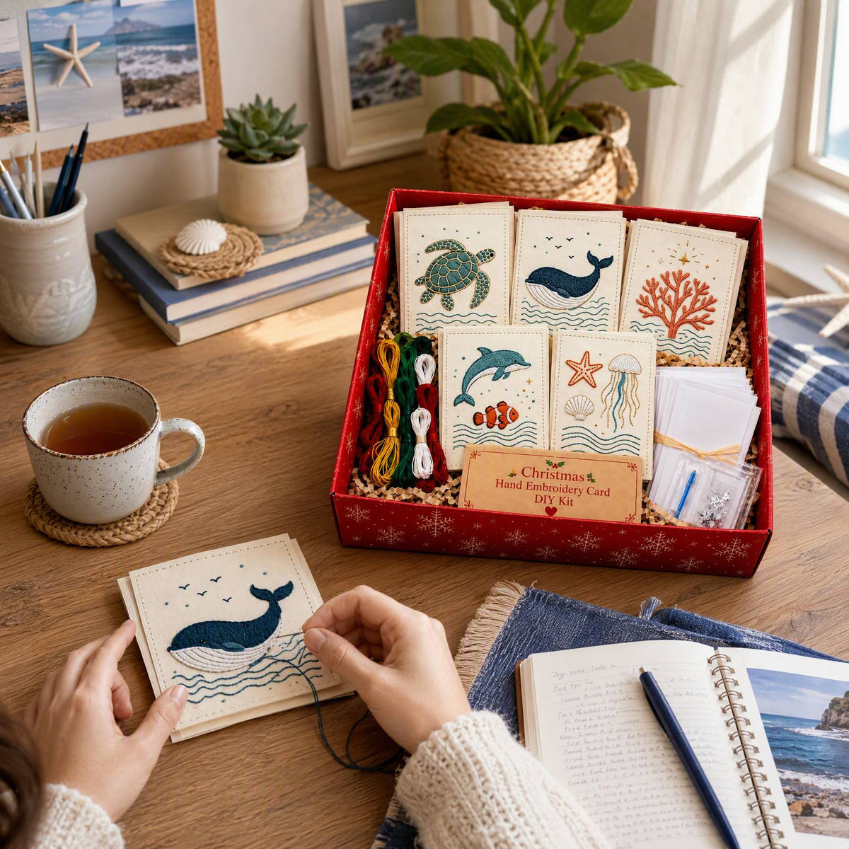 Embroidery Starter Kit with Pattern Ocean Greeting Cards 5Pcs
