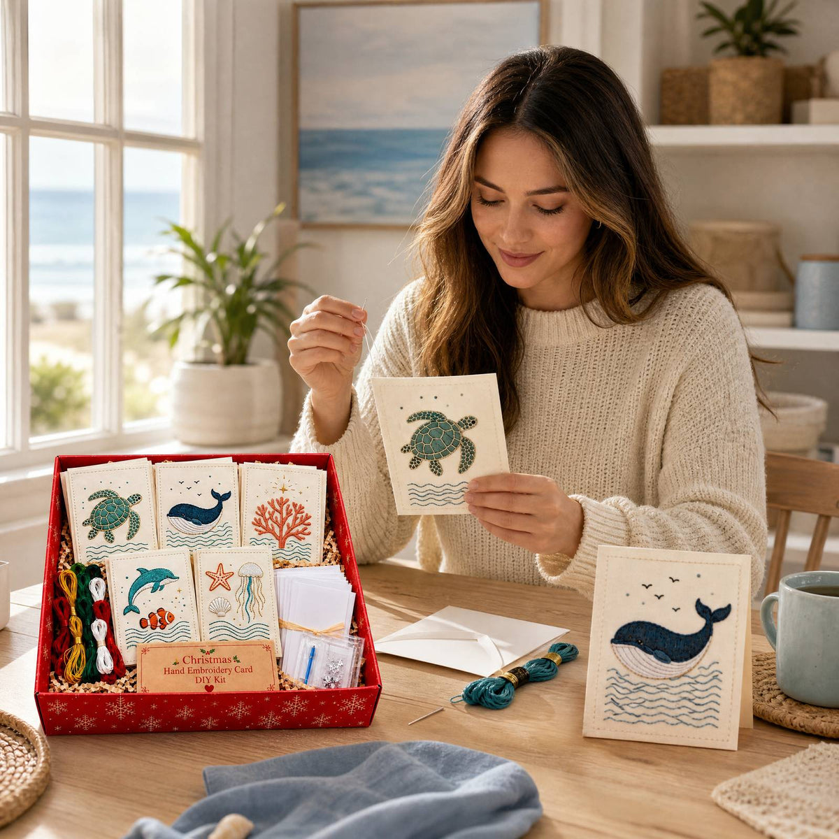 Embroidery Starter Kit with Pattern Ocean Greeting Cards 5Pcs