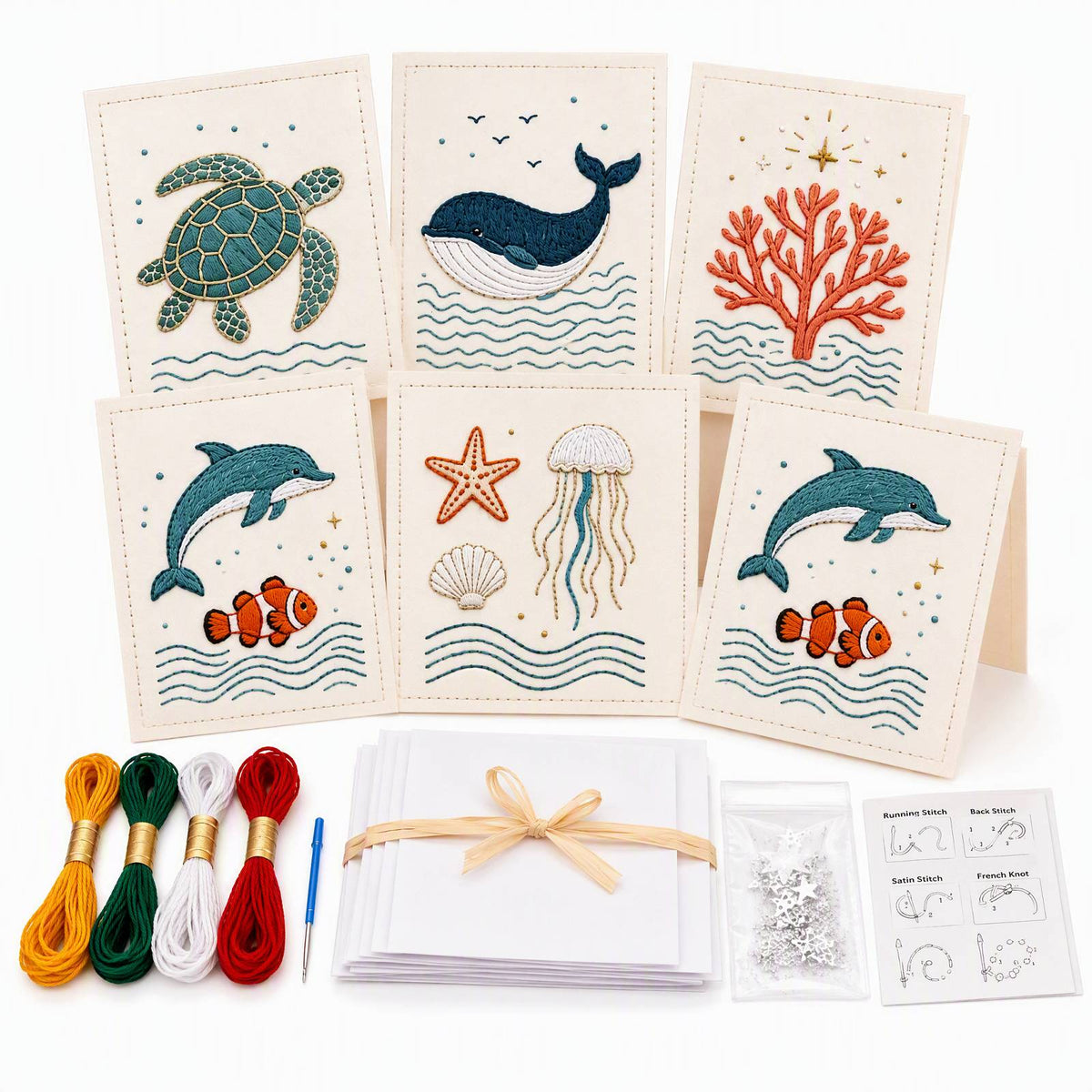 Embroidery Starter Kit with Pattern Ocean Greeting Cards 5Pcs