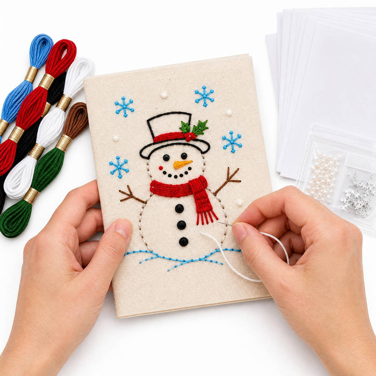 Embroidery Starter Kit with Pattern Christmas Snowman 5Pcs Cards