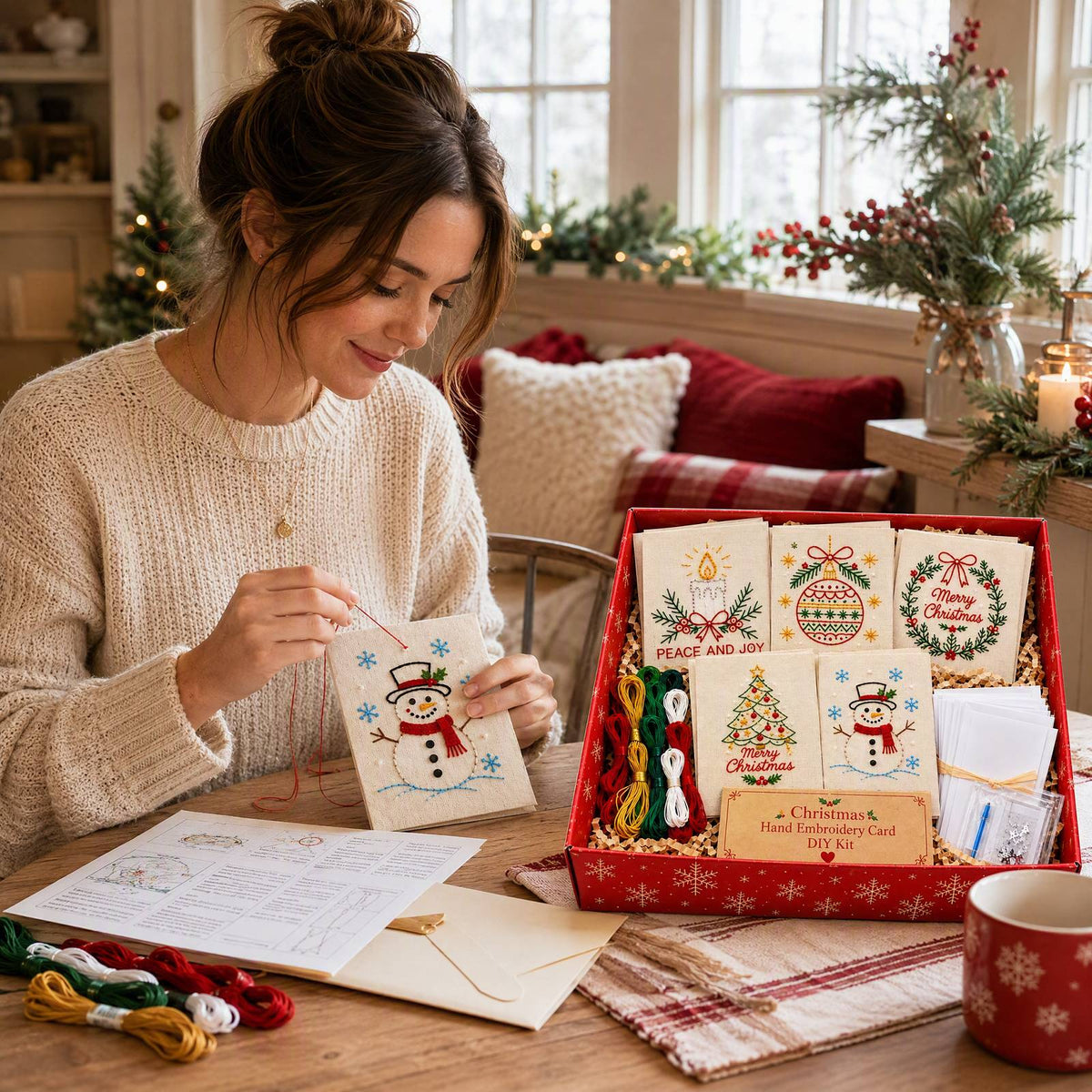 Embroidery Starter Kit with Pattern Christmas Snowman 5Pcs Cards