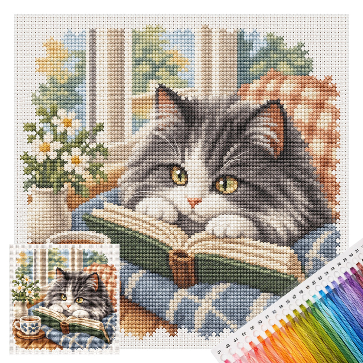 Lesende Katze - Vollständiges 11CT Stempel-Kreuzstich-Set 40x40CM - Huacan