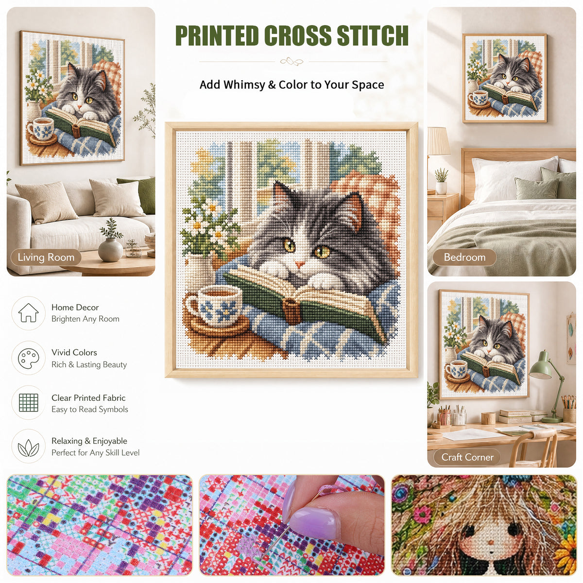 Lesende Katze - Vollständiges 11CT Stempel-Kreuzstich-Set 40x40CM - Huacan