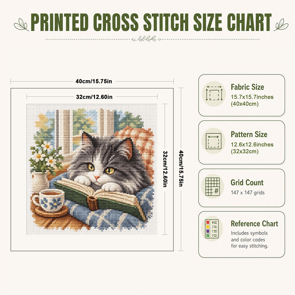 Lesende Katze - Vollständiges 11CT Stempel-Kreuzstich-Set 40x40CM - Huacan