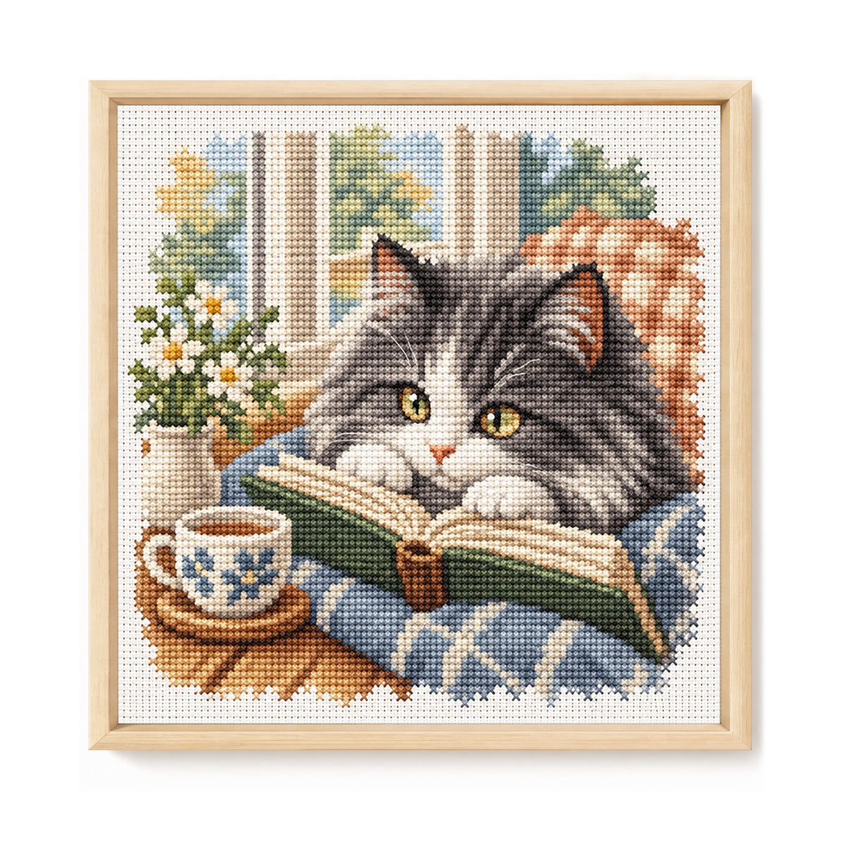 Lesende Katze - Vollständiges 11CT Stempel-Kreuzstich-Set 40x40CM - Huacan