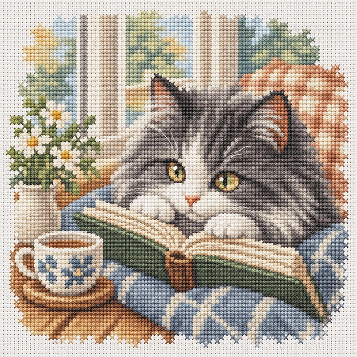 Lesende Katze - Vollständiges 11CT Stempel-Kreuzstich-Set 40x40CM - Huacan