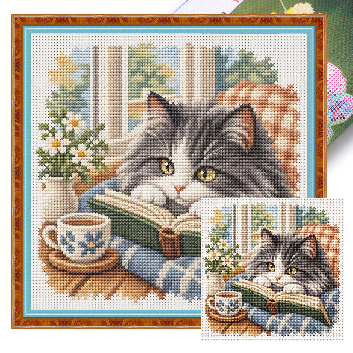 Lesende Katze - Vollständiges 11CT Stempel-Kreuzstich-Set 40x40CM - Huacan