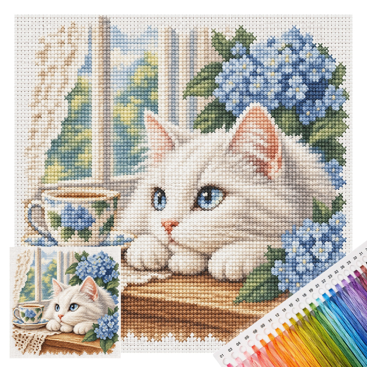 Hydrangea Cat - Full 11CT Stamped Cross Stitch 40x40CM - Huacan