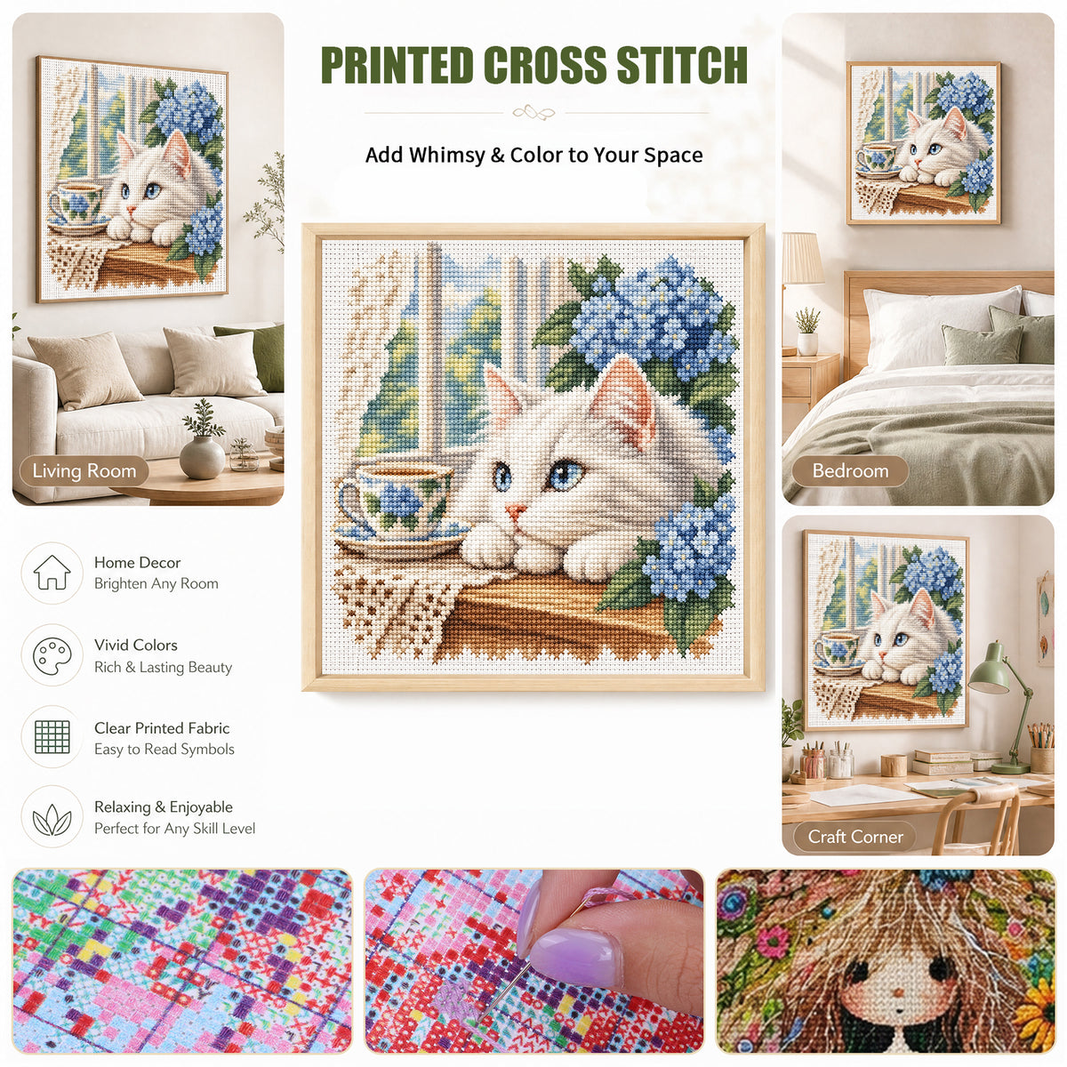 Hydrangea Cat - Full 11CT Stamped Cross Stitch 40x40CM - Huacan