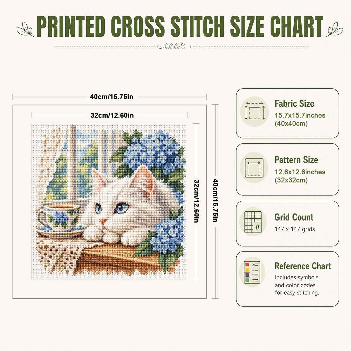 Hydrangea Cat - Full 11CT Stamped Cross Stitch 40x40CM - Huacan
