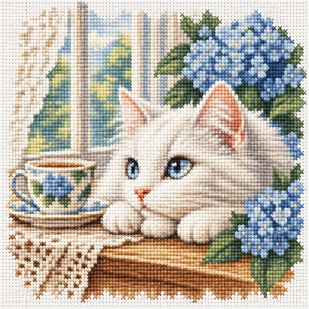 Hydrangea Cat - Full 11CT Stamped Cross Stitch 40x40CM - Huacan