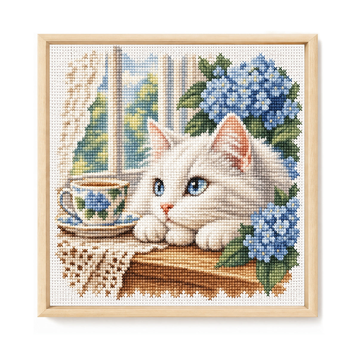 Hydrangea Cat - Full 11CT Stamped Cross Stitch 40x40CM - Huacan