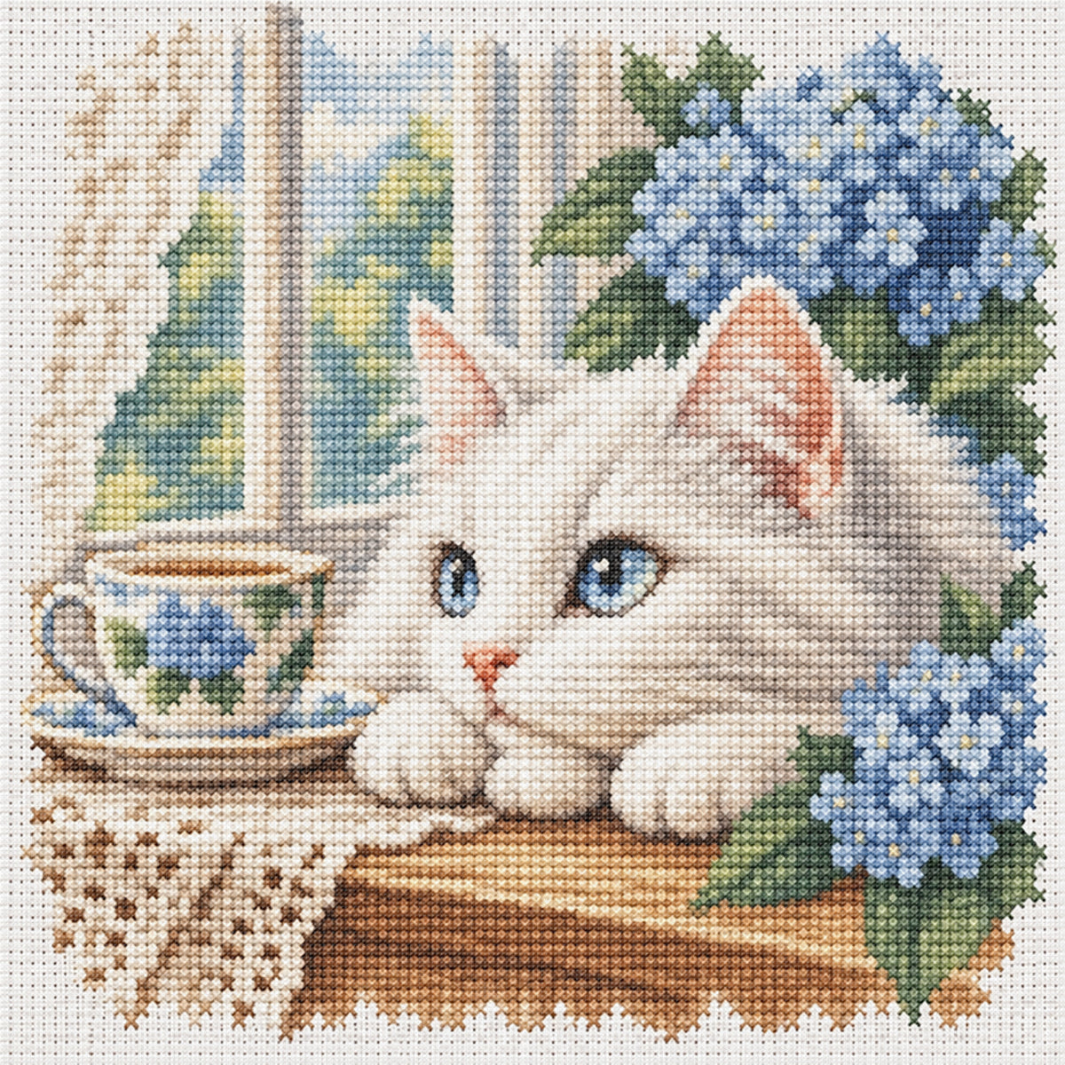 Hydrangea Cat - Full 11CT Stamped Cross Stitch 40x40CM - Huacan