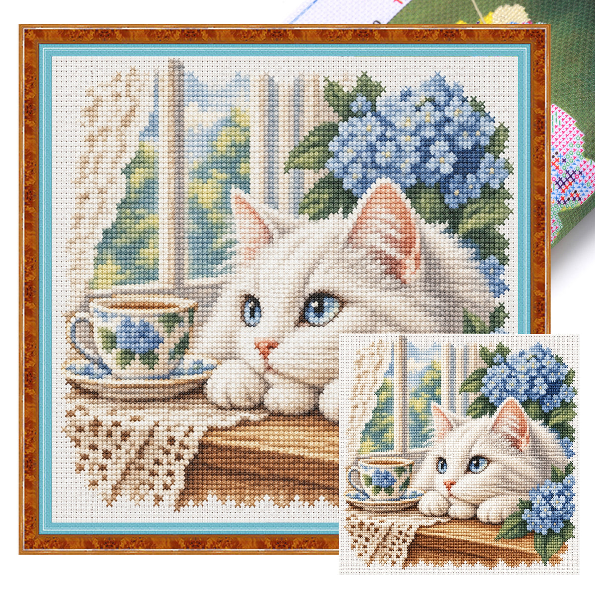 Hydrangea Cat - Full 11CT Stamped Cross Stitch 40x40CM - Huacan
