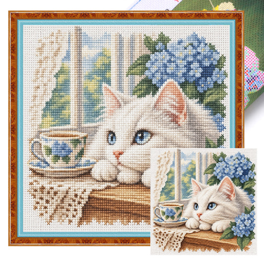 Hortensien-Katze – Vollständiges 11CT Stempel-Kreuzstich-Set 40x40 cm – Huacan