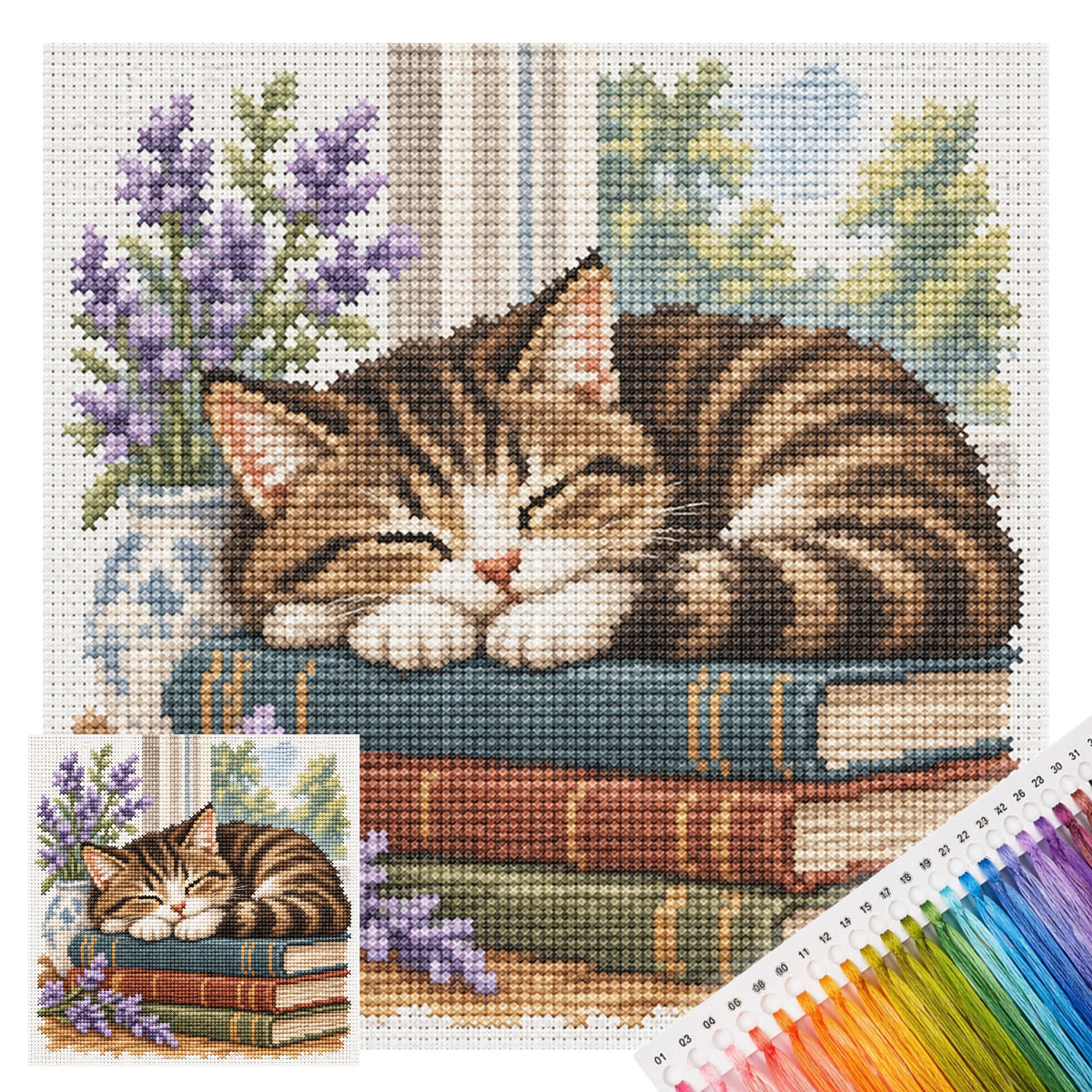 Sleeping Cat - Full 11CT Stamped Cross Stitch 40x40CM - Huacan