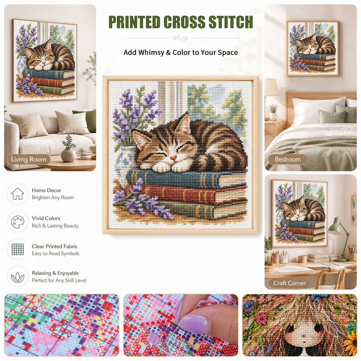 Sleeping Cat - Full 11CT Stamped Cross Stitch 40x40CM - Huacan