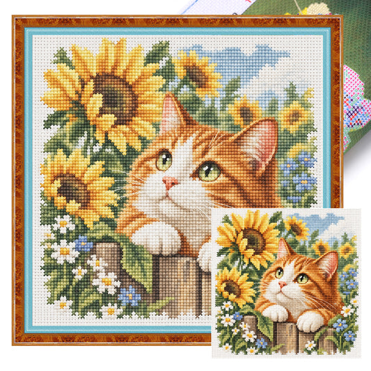 Sonnenblumen-Katze – Vollständiges 11CT gestempeltes Kreuzstich-Set 40x40cm – Huacan