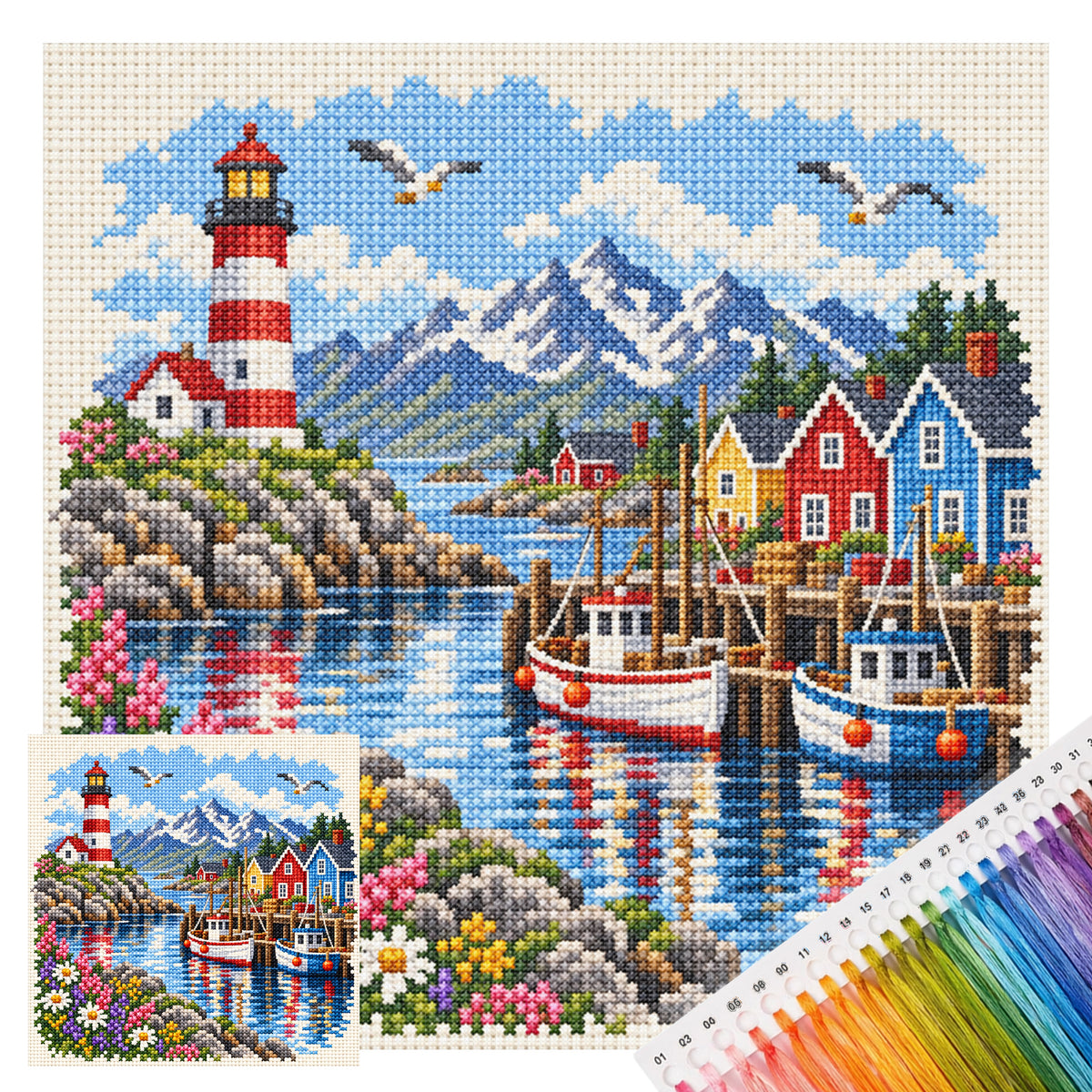 Leuchtturmhafen - Vollständiges 11CT gestempeltes Kreuzstich-Set 45x45CM - Huacan