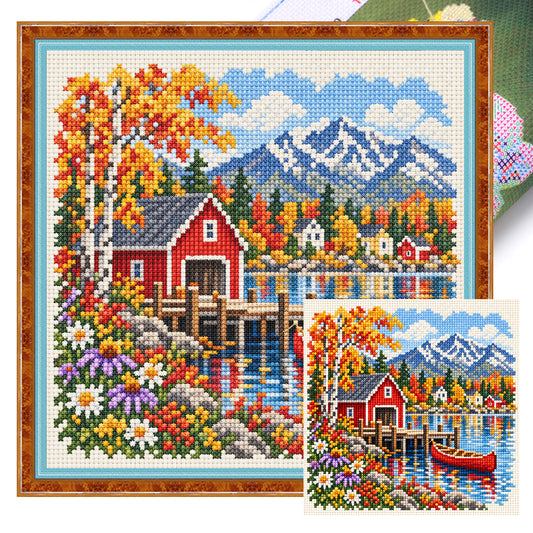 Autumn Cabin - Full 11CT Stamped Cross Stitch 45x45CM - Huacan