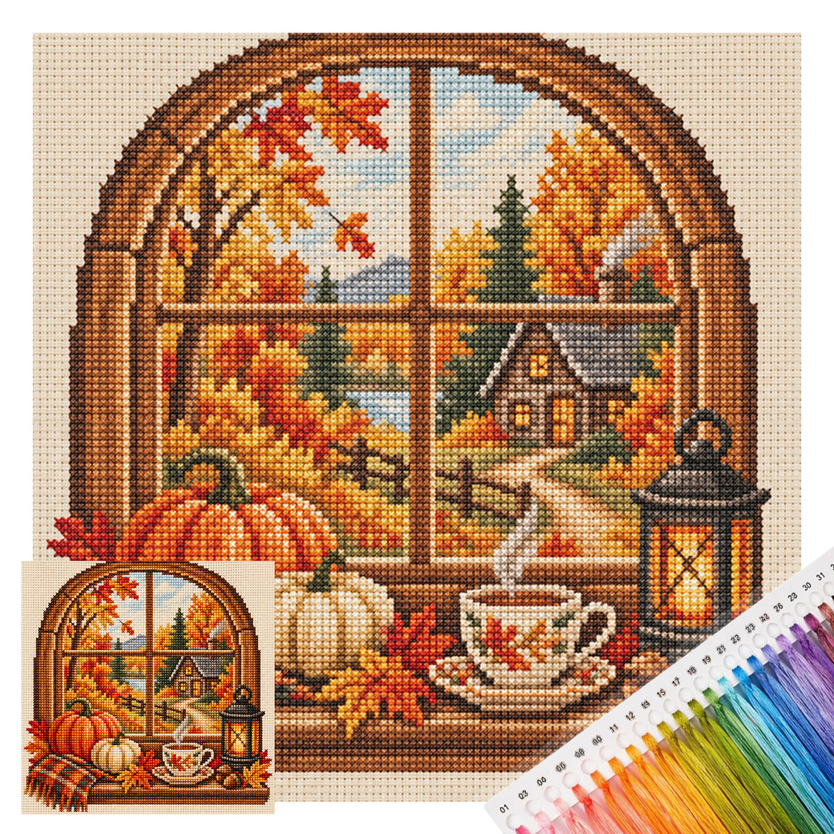 Autumn Window - Full 11CT Stamped Cross Stitch 40x40CM - Huacan