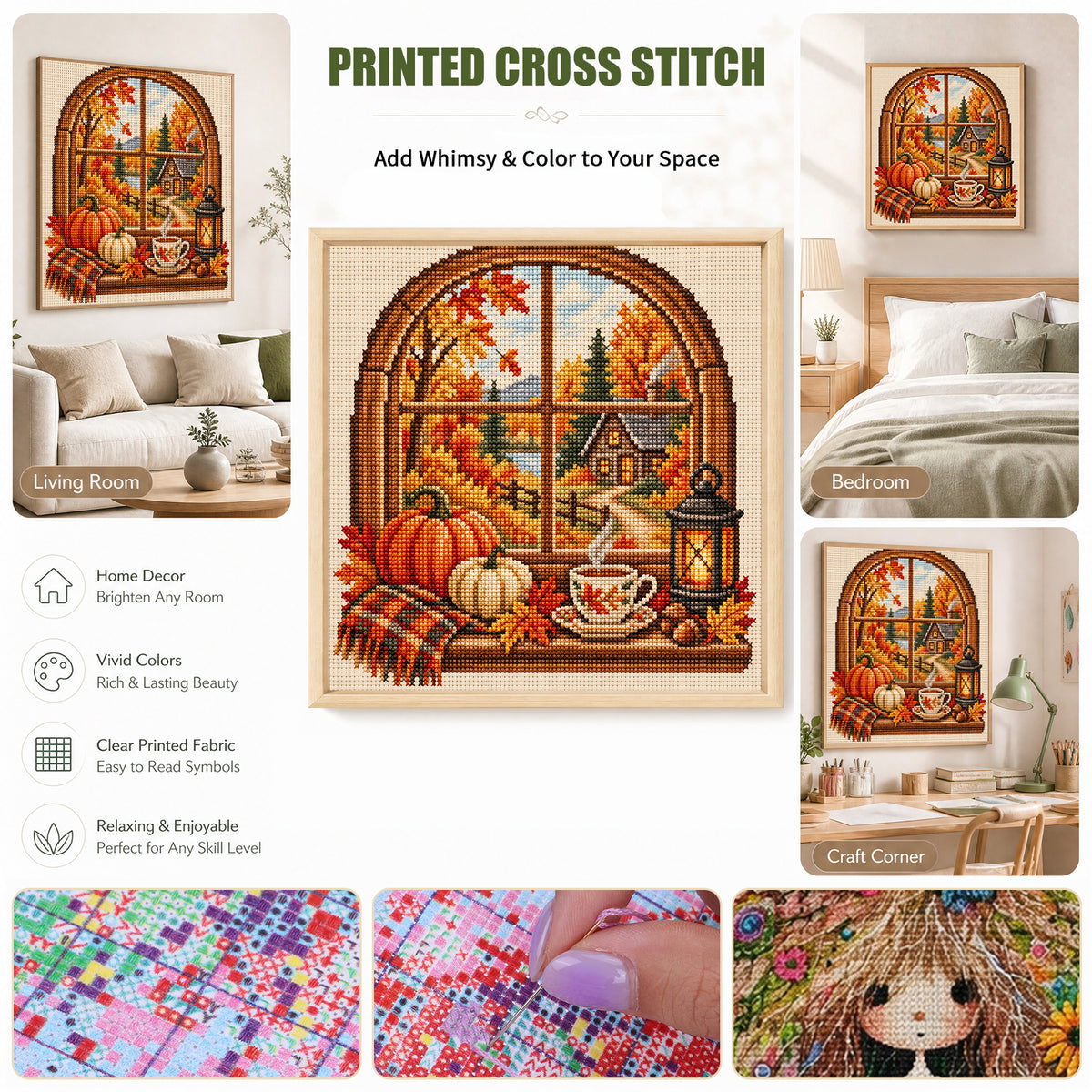 Autumn Window - Full 11CT Stamped Cross Stitch 40x40CM - Huacan