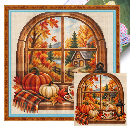 Herbstfenster - Vollständiges 11CT Stempel-Kreuzstich-Set 40x40CM - Huacan