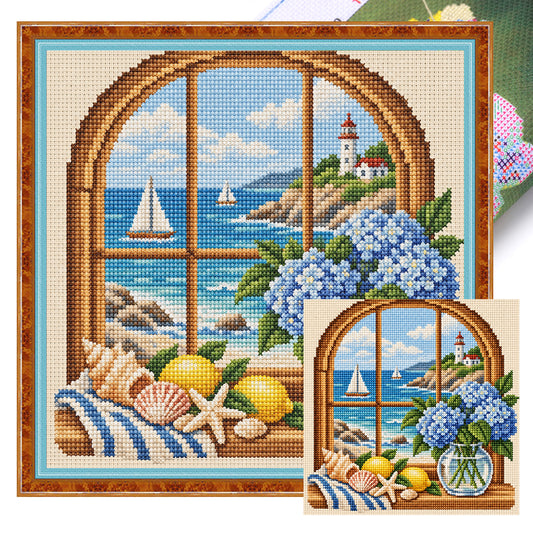 Küstenfenster – Vollständiges 11CT-Stempel-Kreuzstichset 40x40 cm – Huacan