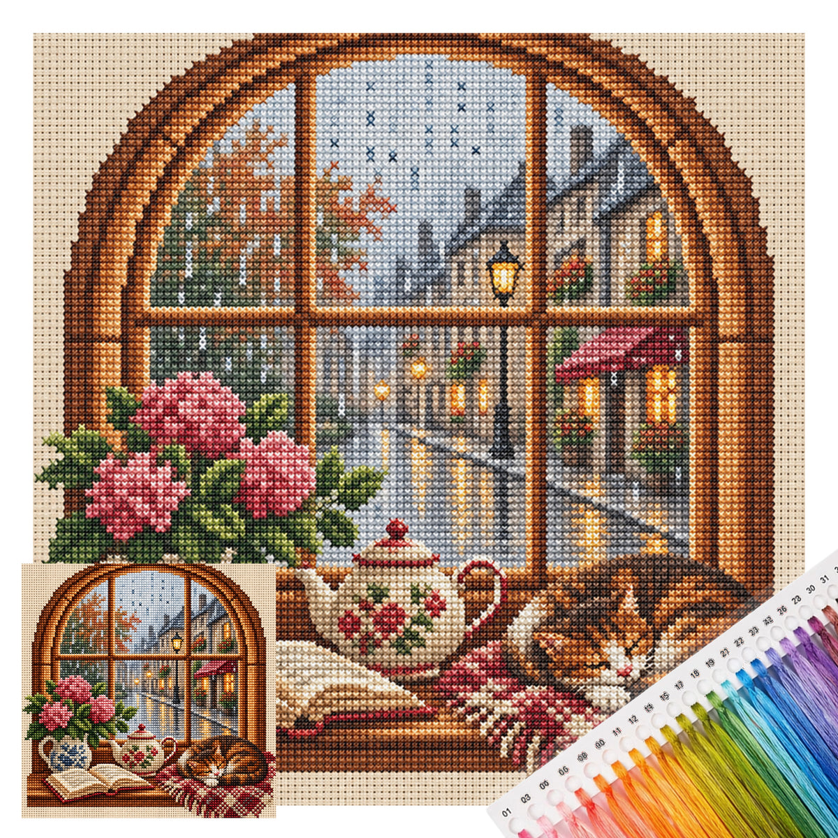 Rainy Window - Full 11CT Stamped Cross Stitch 40x40CM - Huacan