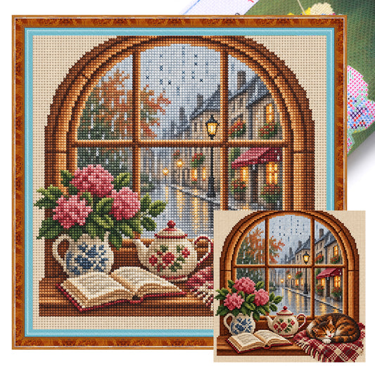 Regenfenster - Vollständiges 11CT Stempel-Kreuzstich-Set 40x40CM - Huacan
