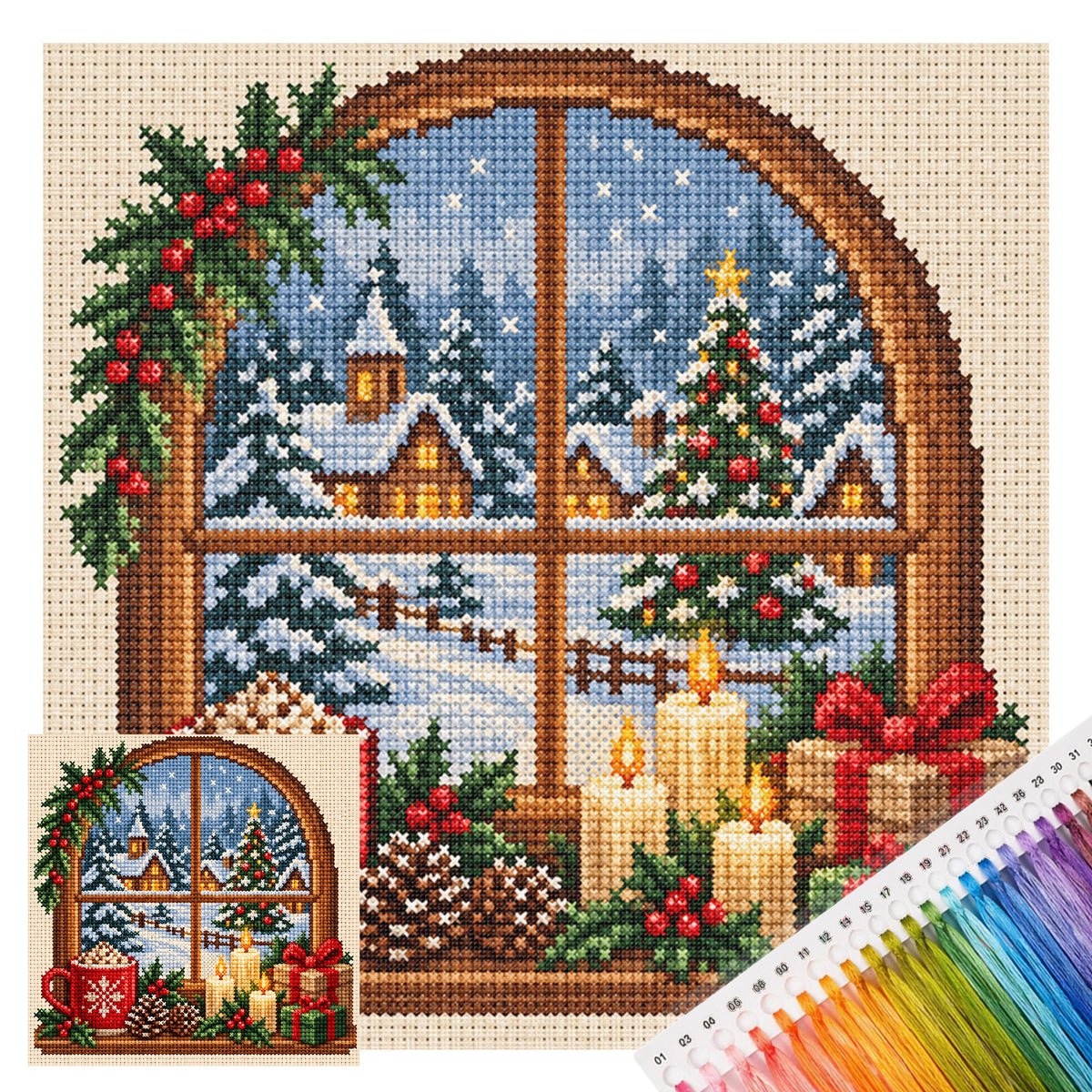 Weihnachtsfenster - Vollständiges 11CT Stempel-Kreuzstich-Set 40x40CM - Huacan