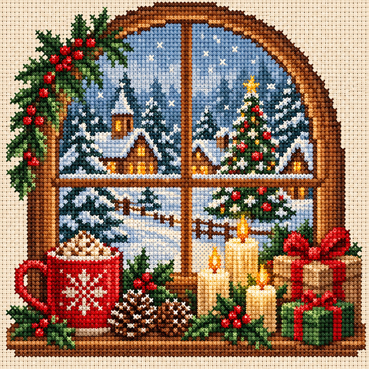 Weihnachtsfenster - Vollständiges 11CT Stempel-Kreuzstich-Set 40x40CM - Huacan