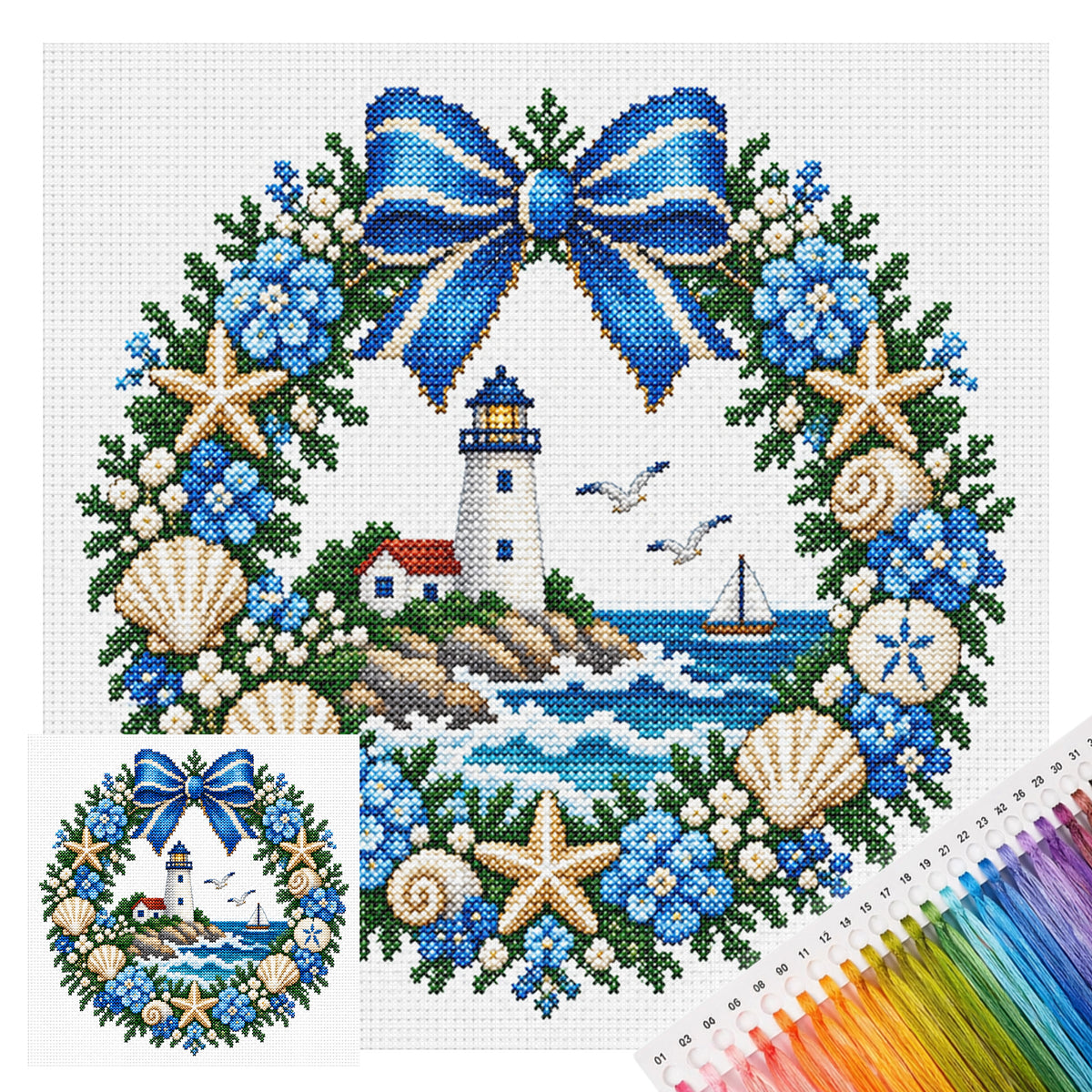 Leuchtturm-Kranz am Meer - Vollständiges 14CT gestempeltes Kreuzstich-Set 40x40CM - Huacan