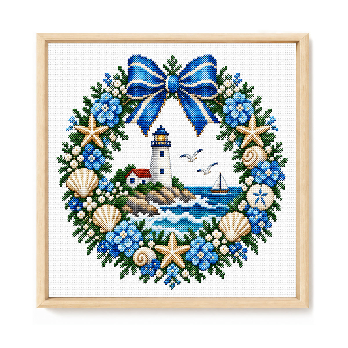 Leuchtturm-Kranz am Meer - Vollständiges 14CT gestempeltes Kreuzstich-Set 40x40CM - Huacan