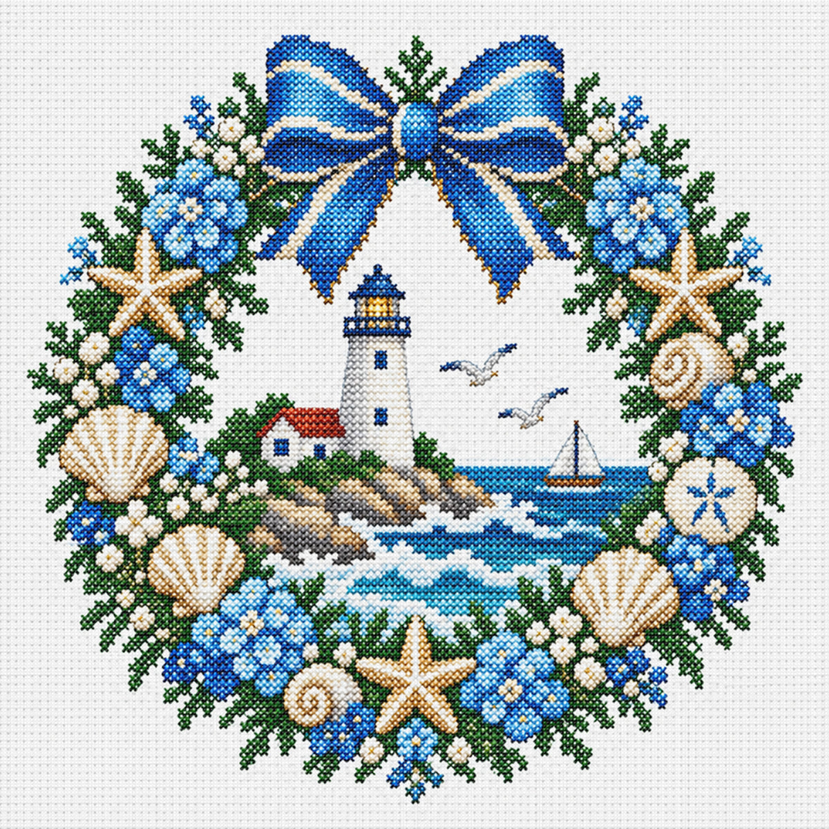 Leuchtturm-Kranz am Meer - Vollständiges 14CT gestempeltes Kreuzstich-Set 40x40CM - Huacan