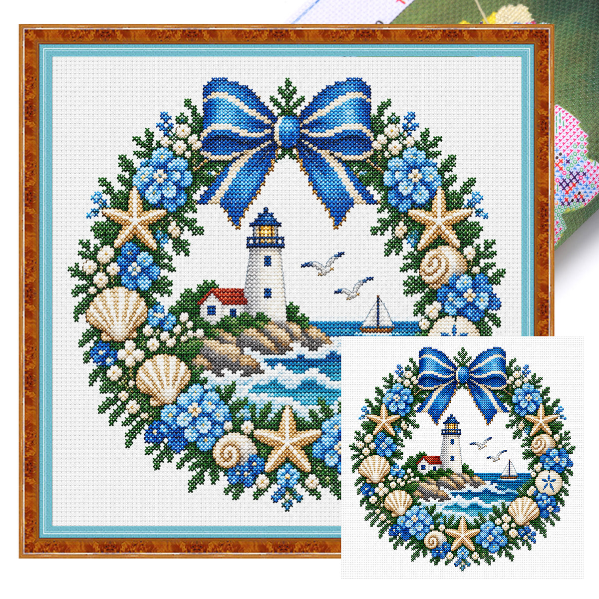Leuchtturm-Kranz am Meer - Vollständiges 14CT gestempeltes Kreuzstich-Set 40x40CM - Huacan