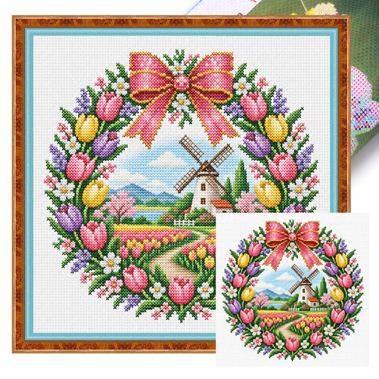 Windmühlen-Tulpenkranz – Vollständiges 14CT gestempeltes Kreuzstich-Set 40x40CM – Huacan