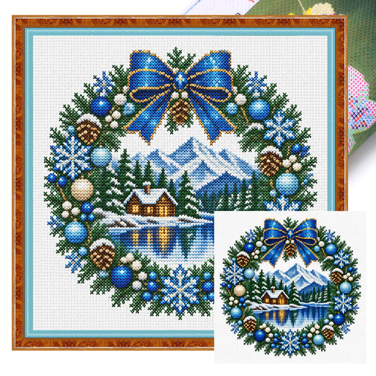 Schneebedecktes Berghaus Holzhütte Winterkranz – Vollständiges 14CT Stanz-Kreuzstich-Set 40x40CM – Huacan