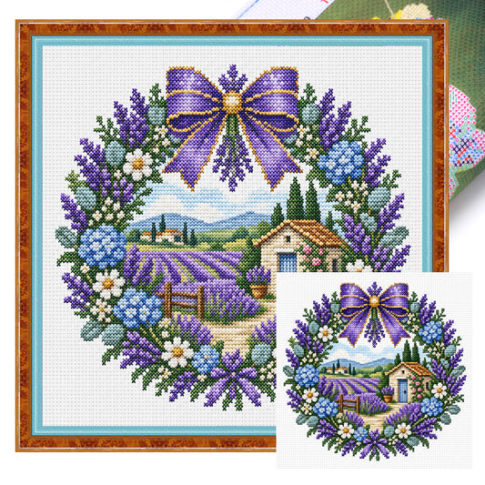 Lavendel-Herrenhaus-Kranz – Vollständiges 14CT gestempeltes Kreuzstich-Set 40x40CM – Huacan