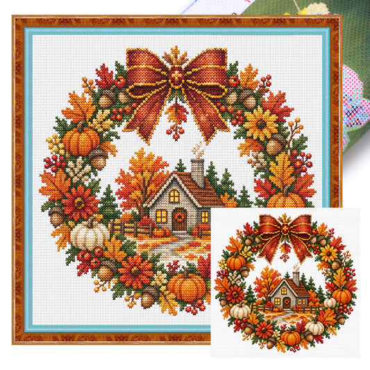 Herbst-Kürbis-Cottage-Kranz – Vollständiges 14CT gestempeltes Kreuzstich-Set 40x40CM – Huacan