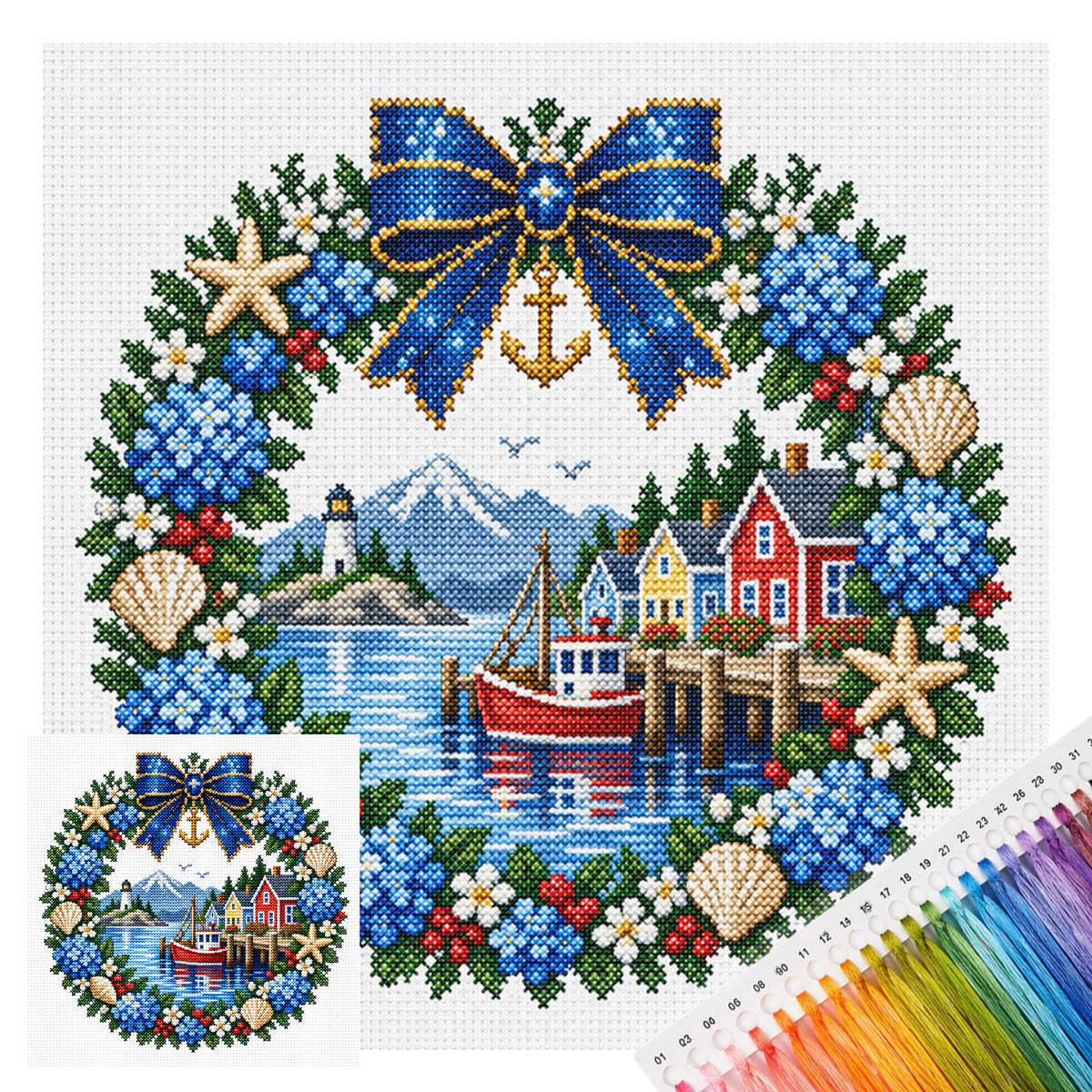 Fischerdorf-Kranz – Vollständiges 14CT gestempeltes Kreuzstich-Set 40x40CM – Huacan