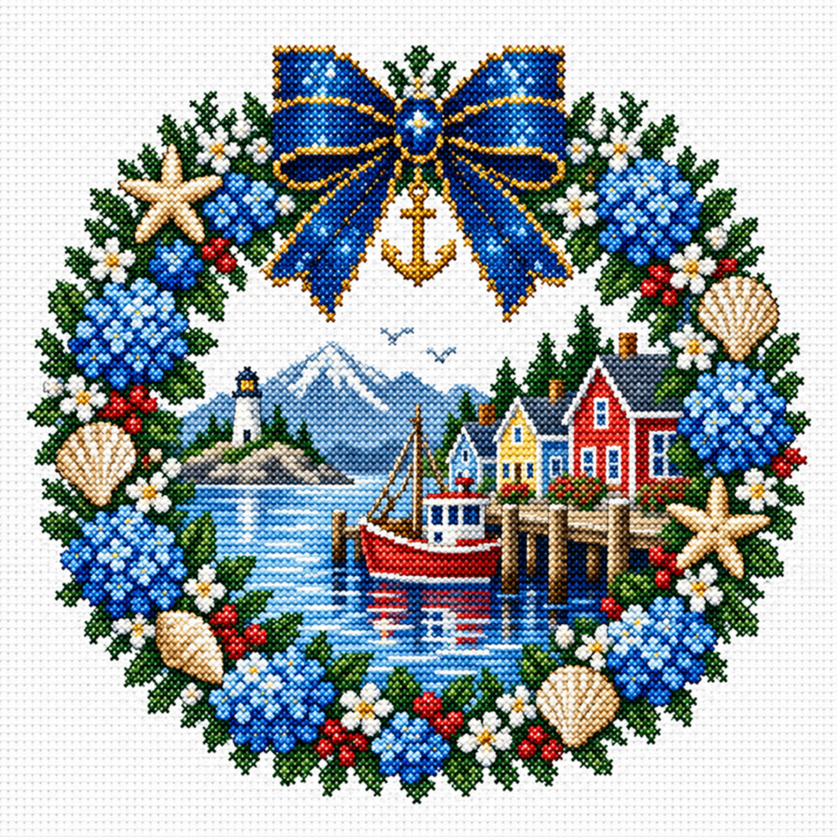 Fischerdorf-Kranz – Vollständiges 14CT gestempeltes Kreuzstich-Set 40x40CM – Huacan