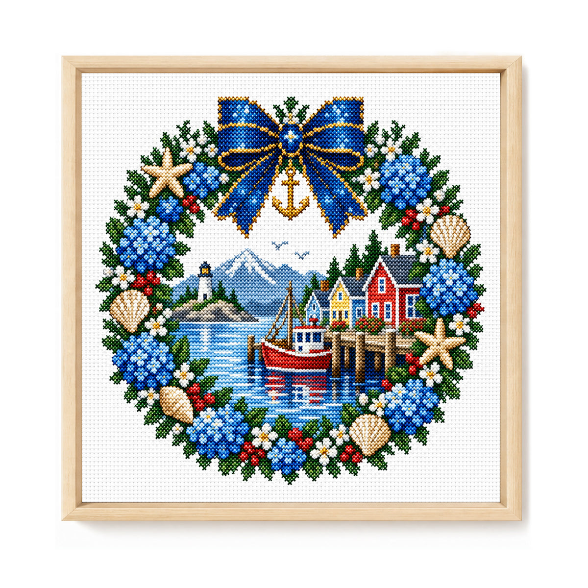 Fischerdorf-Kranz – Vollständiges 14CT gestempeltes Kreuzstich-Set 40x40CM – Huacan