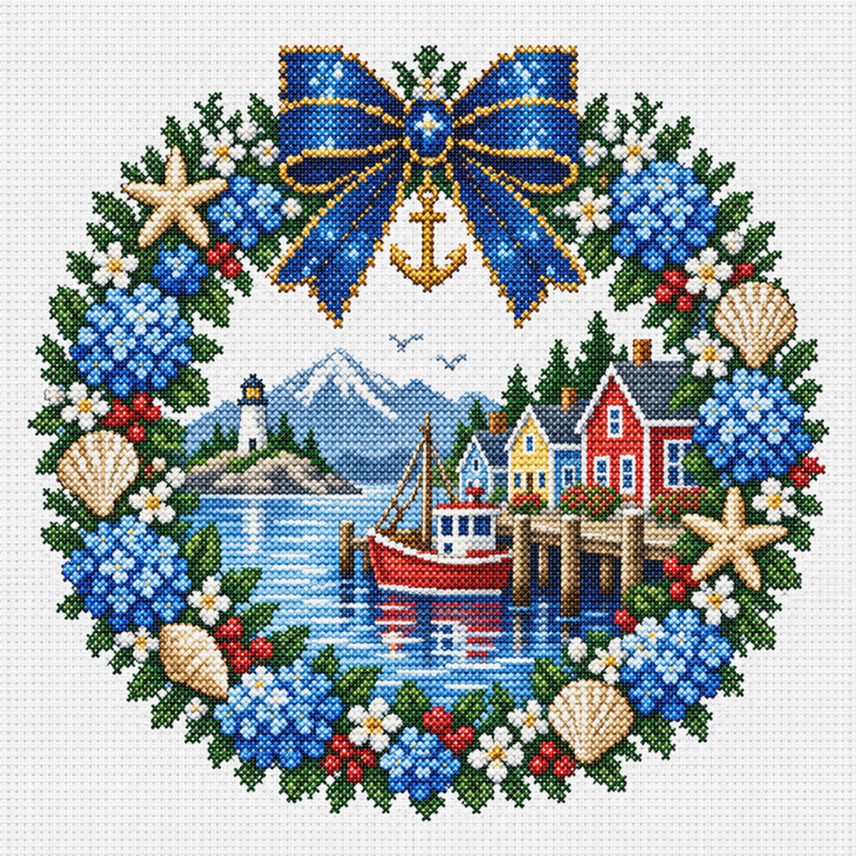 Fischerdorf-Kranz – Vollständiges 14CT gestempeltes Kreuzstich-Set 40x40CM – Huacan