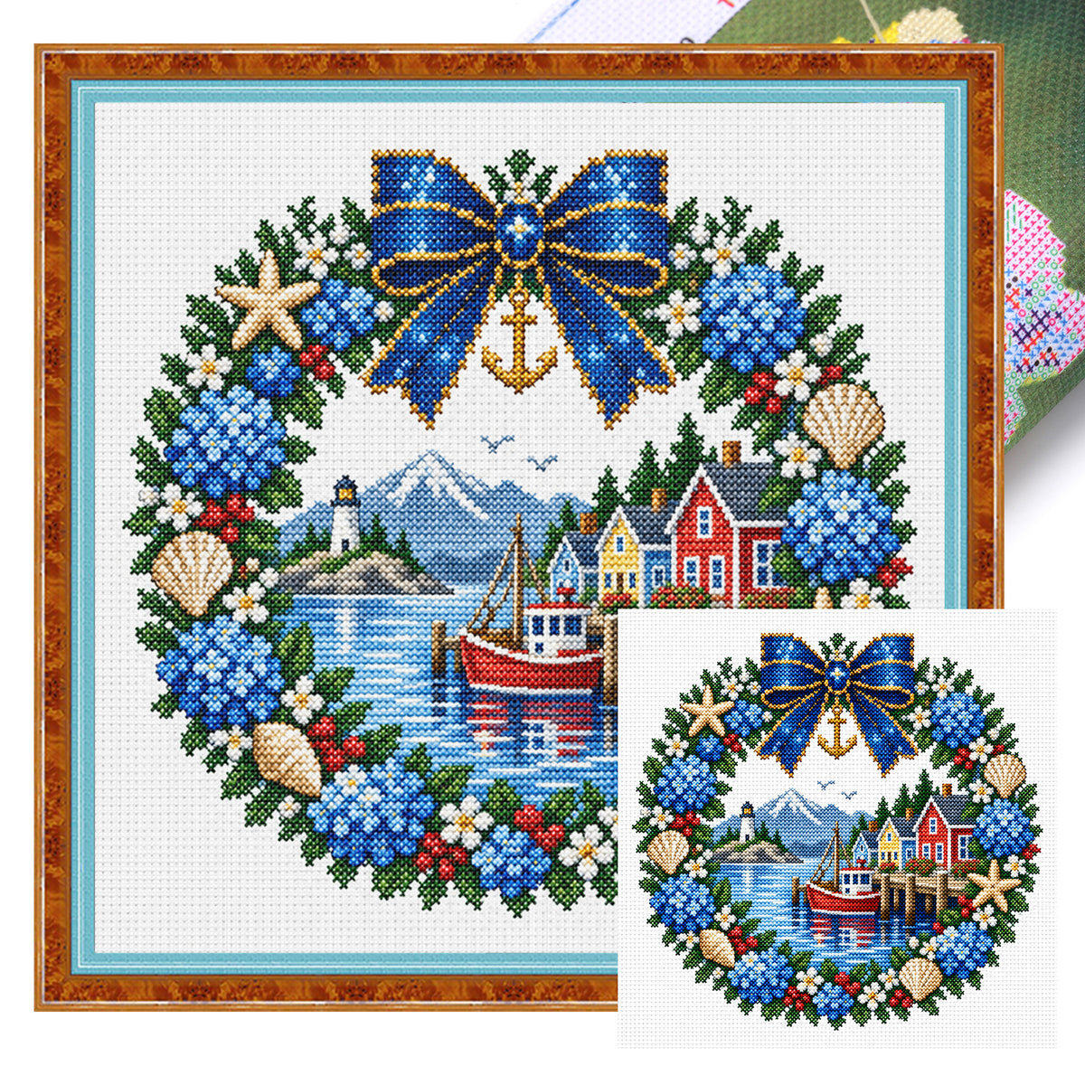 Fischerdorf-Kranz – Vollständiges 14CT gestempeltes Kreuzstich-Set 40x40CM – Huacan