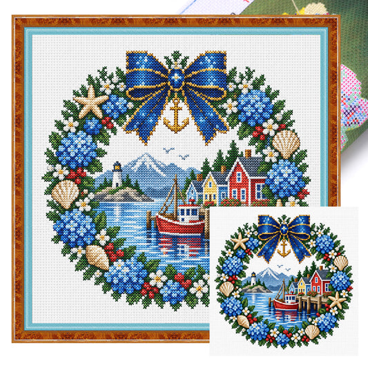 Fischerdorf-Kranz – Vollständiges 14CT gestempeltes Kreuzstich-Set 40x40CM – Huacan